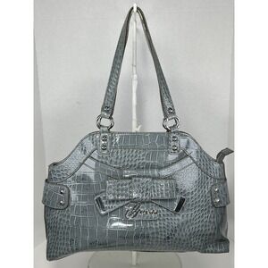 Vintage Guess Gray Patent Leather Crocodile Embossed Handbag With Bow Y2K
